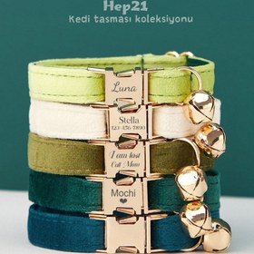 Resim Cat Collar Velvet Named Bell Cat Collar 649724 - Light Green Collar / S/M 