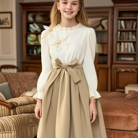 Resim Kızlar için 3D Boncuklu Dantel Çiçek Desenli, Fırfır Yaka, Uzun Kollu, Şık Tarz Sonbahar Şemsiye Etek Elbise 