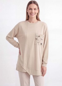 Resim Puane Kadın Taş İşlemeli Asimetrik Kesim Tunik - 10781TUN - BEIGE 