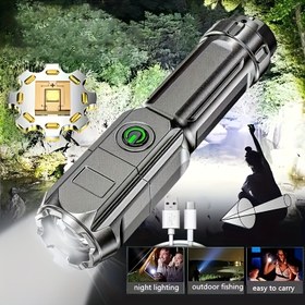Resim Süper Parlak Yakınlaştırılabilir El Feneri - Taşınabilir, Çok Fonksiyonlu, USB Kablolu Şarj Edilebilir, Uzun Menzilli ABS Güçlü Işık Karartma, Dış Mekan ve Ev Kullanımı için Teleskopik Yakınlaştırma 