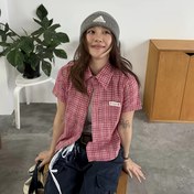 Resim Kadınlar İçin Retro Kesim Bol Kumaşlı Ekose Hırka Gömlek - Yazlık Kısa Kollu Düğmeli Üst, Göğüs Cebi, High Street Casual Tarzı, Makinede Yıkanabilir, Rahat Giyim, Esnemez Kumaş 