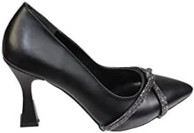 Resim YAZKIŞ Kadın Siyah Cilt 10cm Kadeh Topuk Üzeri Taşlı Stelletto Düğün Nişan Mezuniyet Topuklu Ayakkab 