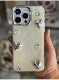 Resim iPhone 15 Pro Uyumlu Silikon Kılıf, 3D Gümüş Kalp Detaylı, Ekru 