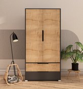 Resim Flora 2 Kapaklı 2 Çekmeceli Gardırop Antrasit - Safir Meşe Elbise 