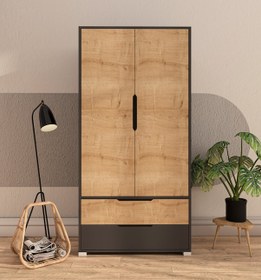 Resim Flora 2 Kapaklı 2 Çekmeceli Gardırop Antrasit - Safir Meşe Elbise 