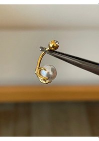 Resim 316 L Cerrahi Çelik Pençe Modeli Detaylı İncili Zirkon Taşlı Göbek Piercingi Altın 