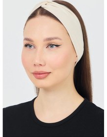 Resim Butik Çapraz Bağlamalı Kadın Bandana Saç Bandı, Kaymaz Yumuşak Esnek%100 Pamuklu Penye - Tek Ebat / Açık Bej Açık Bej 