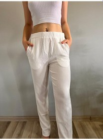 Resim Hazel Kadın Dar Paça Bürümcük Kumaş Pantolon-beyaz Beyaz 