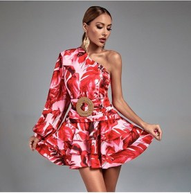 Resim Fashion Cocktail Tek Omuz Tek Kol Asimetrik Katlı Kemerli Mini Kokteyl Desenli Hasır Kemerli Davet Elbisesi Kırmızı 