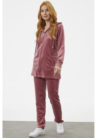 Resim Tam Fermuarlı Kadife Taşlı Eşofman Takım - Gül Kurusu 001 