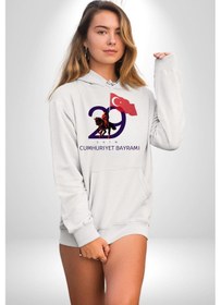 Resim 29 Ekim Cumhuriyet Bayramı Atatürk Türk Bayrağı Kadın Erkek Beyaz Kapüşonlu Sweatshirt Hoodie Beyaz 