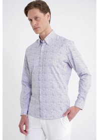 Resim Slim Fit Pamuklu Baskılı Desen Yaka Düğmeli Gri Gömlek G 1603 