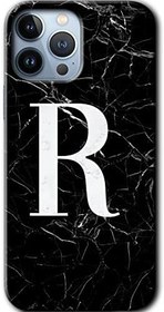 Resim MRCİLETİSİMmrc-190152 Siyah Mermer Desenli R Harfi Kılıf Baskılı Kapak Tam Kaplayan Mat Seramik iPhone 13 Pro Max ile uyumlu 