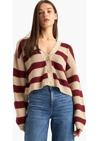 Resim Defacto Regular Fit V Yaka Çizgili Triko Hırka Z8539az25wnbg644 Bej 