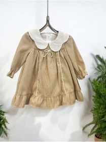 Resim Kız Bebek Bebe Yaka Fitilli Kadife Elbise-15068 Camel 