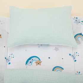 Resim Alt Açma Matı ve Yastık - Çift Taraflı - Turkuaz Waffle - Mavi Gökkuşağı 