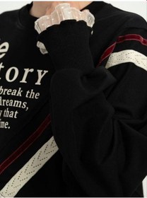 Resim Kız Çocuk Asimetrik Kesim Güpür Detaylı Oversize Tasarım Sweatshirt-16767 Siyah 