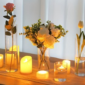 Resim 12 Parça Şeffaf Silindir Vazo Seti, Rüzgar Geçirmez Mumluk Kiti - Düğün Masası Süslemeleri, Yemek Odası, Yatak Odası, Oturma Odası Çiçek Düzenlemesi, Ev Ofis Dekoru İçin İdeal, Doğum Günü Partileri, Evlilik Teklifleri, Yıl Dönümleri, Romantik Akşam Yemeği Mumları ve Vazo Dekorasyonu için Mükemmel 