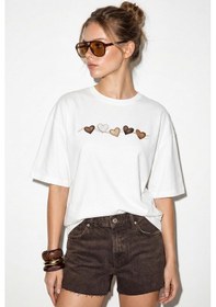 Resim Shade Kadın Bisiklet Yaka Kalp Baskılı Oversize Pamuklu T-shirt Öt100012 60286271 - Beyaz 
