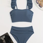 Resim Kadınlar için Şık Dokulu Düz İki Parça Bikini Seti - Yüksek Elastik ve Fırfırlı Askılı Polyester Örme Mayo 