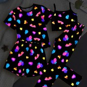 Resim UV Işığında Parlayan Kadın Yazlık Kısa Kollu Şort ve Uzun Pantolonlu Kamisol Pijama Takımı - Dört Parçalı Set 