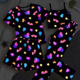 Resim UV Işığında Parlayan Kadın Yazlık Kısa Kollu Şort ve Uzun Pantolonlu Kamisol Pijama Takımı - Dört Parçalı Set 