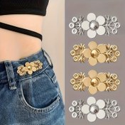 Resim [4lü Çiçekli Jean Bel Bağlayıcısı] 4'lü Altın Çiçekli Ayarlanabilir Bel Bağlayıcısı - Takma Jean Düğmesi, Metal Bel Azaltıcı, Dikişsiz Anlık Uyarlama Pamuklu Çiçek Klap, Modaya Uygun ve Çıkarılabilir Pantolon Ayarlayıcı 