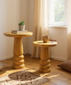 Resim ASELYA HOME Doğal Ahşap 2’li Set Mantar Yan Sehpa Modern Vernikli Fiskos Zigon Çiçeklik 