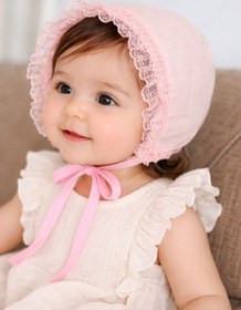 Resim Bebeu Yeni Model %100 Organik Pamuk Müslin Güpür Detaylı Toz Pembe Bebek Mevlüt Abiye Şapka 