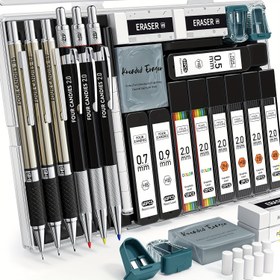 Resim FourCandies Mekanik Kalem Seti Kutu ile, 3 adet metal sanatçı mekanik kalemler ve 3 adet kurşun tutucu (HB 2H 2B 4B renk), 432 adet grafit kurşun doldurma, çizim, eskiz yapma ve diğer profesyonel alanlar için 2 adet yeşil kalemtraş, mükemmel hediye 