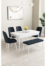 Resim Clara Beyaz 80x132 Açılabilir Mdf Masa Yemek Odası Takımı,mutfak Takımı 4 Sandalye 1 Bench Antrasit 