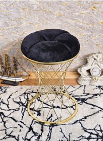 Resim Zafir Yuvarlak Gold Kaplama Siyah Puf Oturak - Bench - Ayak Ucu Oturak - Tabure - Makyaj Oturak Siyah 