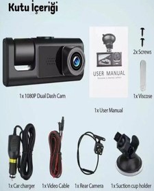 Resim Araç İçi Kamera 1080p 3 Kameralı Ips Ekran G Sensör Gece Görüş Ultra Geniş Açılı 4k 64gb Kart 