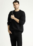 Resim Siyah Bisiklet Yaka Oversize Pamuklu Sweatshirt Kigili