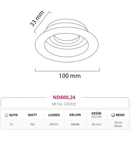 Resim Nevo Nevo Sıva Altı Spot Siyah Krom 5W 6500K Beyaz Işık ND600 