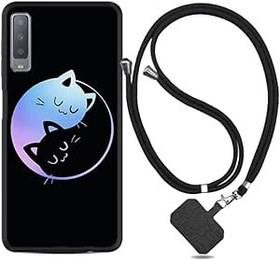 Resim kilifland Samsung Galaxy A7 2018 ile Uyumlu Kılıf Desenli Silikon Ipli Boyun Askılı Love Cats 1604 