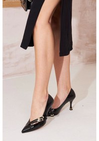 Resim Kadın Abiye Stiletto Rugan Siyah Altın Tokalı 7cm Topuklu Tam Kalıp Siyah-rugan Siyah 