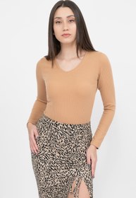 Resim Soyo Kadın Sütlü Kahve V Yaka Uzun Kollu Fitilli Örme Basic Bluz 