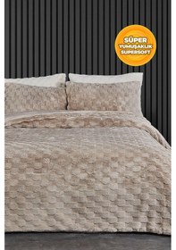 Resim Kürk Yatak Örtüsü Yorgan Uyku Seti Tek Kişilik Çarşaflı Peluş Yumuşak Dolgulu Rody 3 Parça Bej 