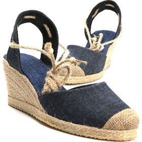 Resim Gerçek Elişi Topuğu Açık Bilekten Bağlamalı Bej Dolgu Topuk Keten Hasır Espadril Handmade Mavi 