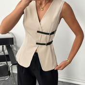 Resim Yeni Bahar ve Yaz Kadınlar Kolsuz V Yaka Çift Düğmeli Tank Top 