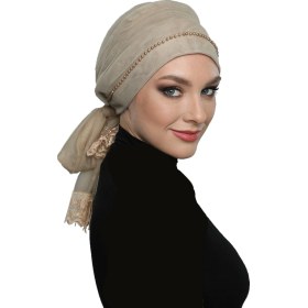 Resim Elysianfidan Incili Tüllü Bağlamalı Tül Kaplamalı Dantelli Inci Işlemeli Bej Hazır Dış Bone Tesettür Abiye Bej 