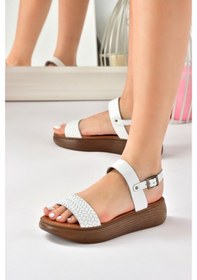 Resim Fox Shoes Beyaz Hakiki Deri Örgü Modelli Günlük Kadın Sandalet 