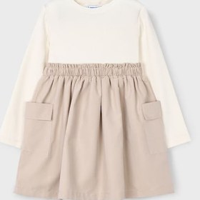 Resim Kız Çocuk Kargo Cepli Kombin Görünümlü Elbise - Krem/bej Kırmızı 