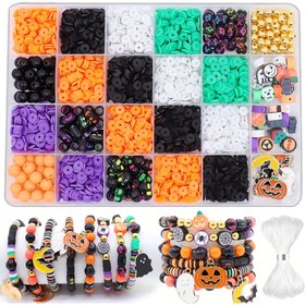 Resim 2000 Parça Halloween Çamur Boncuk Bileklik Yapım Seti, İçerir: Halloween Balkabağı ve DIY Kafatası Boncuk Takı Yapım Kiti 