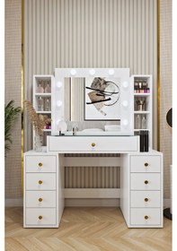 Resim Ases Mobilya Ela660 Hollywood Işıklı Makyaj Masası Bol Çekmeceli Özel Bölmeli Ve Extra Raflı Beyaz Beyaz 
