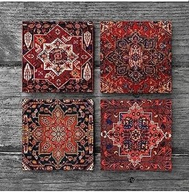 Resim Desen Taş Bardak Altlığı Seti - 4 Parça - Dekoratif, Rustik Mutfak Aksesuarı, 10x10 cm, Kaydırmaz Tabanlı, Şık ve Dayanıklı SC170 