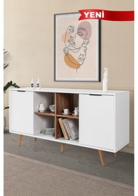 Resim 4618 Sina 160 Cm Ahşap Ayaklı , Metal Kulplu Konsol , Beyaz - Söğüt , Salon , Oturma Odası Diğer 