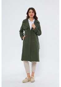 Resim Pastelastore %100 Pamuk Gabardin Uzun 110cm Astarlı Kemerli Kadın Trençkot 1111 Koyu Haki 