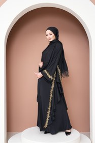 Resim AGH Değerli Hediyeler Gold Volanlı Lüks Giyim Abaya Özel El İşcilikli Şık ve Zarif Model Gold Dantel işleme 